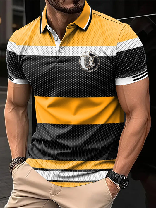 Férfi retro többszínű csík művészeti nyomtatás alkalmi üzleti póló