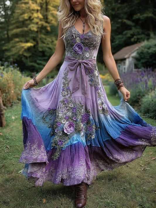 Retro vidéki virágművészet nyomtatott vintage v-nyak ujjatlan kényelmes maxi ruha