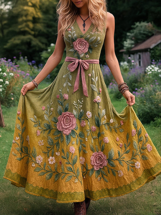 Retro vidéki virágművészet nyomtatott vintage v-nyak ujjatlan kényelmes maxi ruha