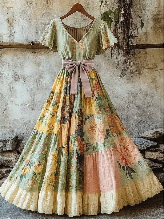 Női retro vidéki virágos patchwork nyomtatott v-nyak rövid ujjú pamut maxi ruha