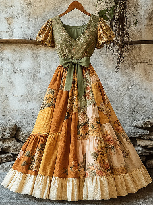 Női retro vidéki virágos patchwork nyomtatott v-nyak rövid ujjú pamut maxi ruha