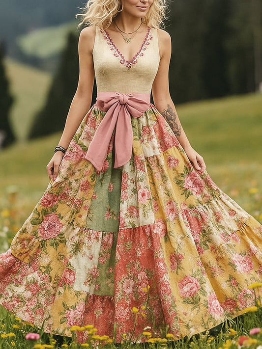 Retro vidéki virágművészet nyomtatott vintage v-nyak ujjatlan kényelmes maxi ruha