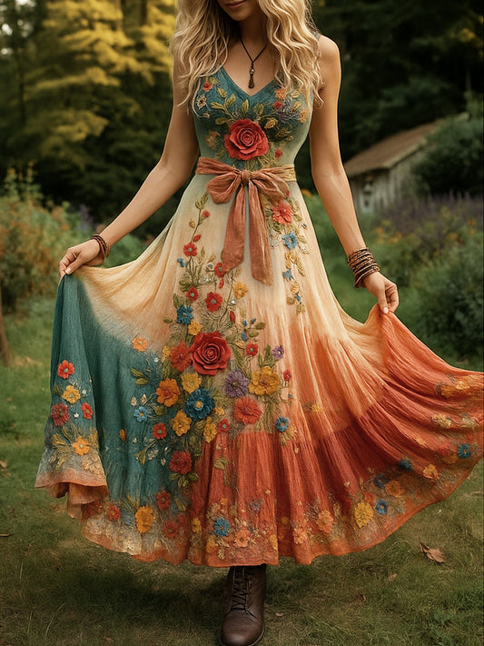 Retro vidéki virágművészet nyomtatott vintage v-nyak ujjatlan kényelmes maxi ruha