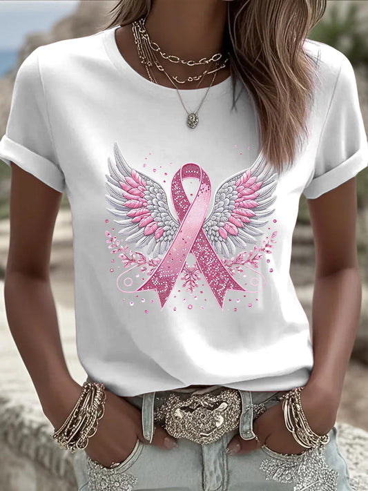 Női mellrák szalag szárnyak sequin nyomtatás alkalmi póló