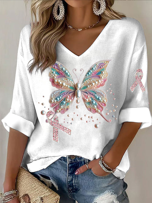 Női pillangó rózsaszín szalag strasszos nyomtatás alkalmi hosszú ujjú póló