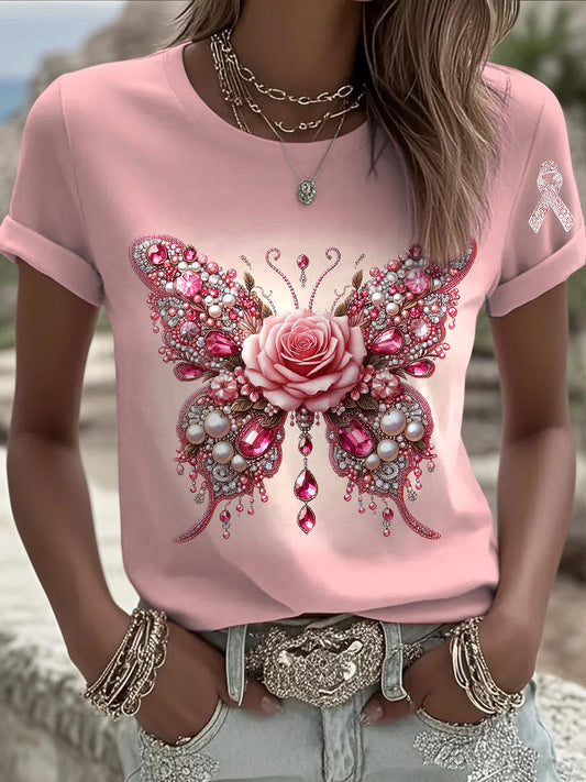 Női pillangó virágos strasszos nyomtatás alkalmi póló
