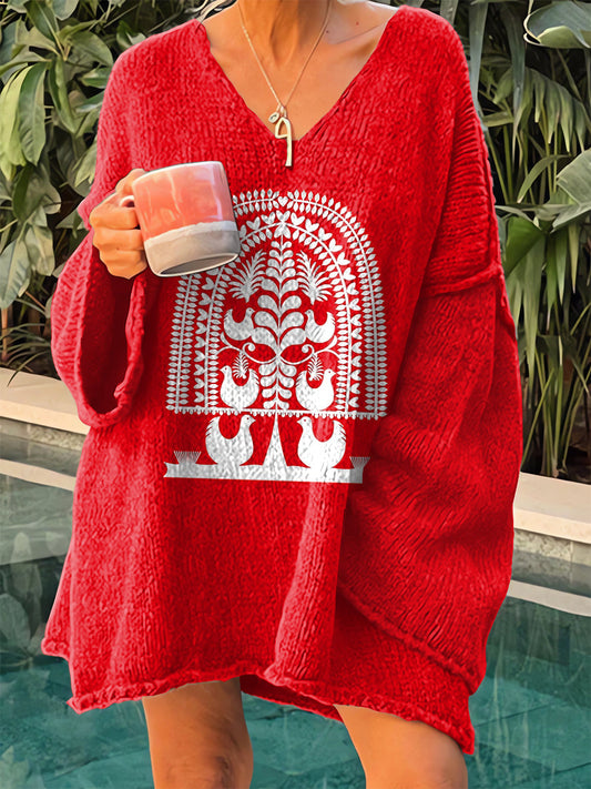 Női vintage nyomtatott alkalmi V-nyakú pulóver