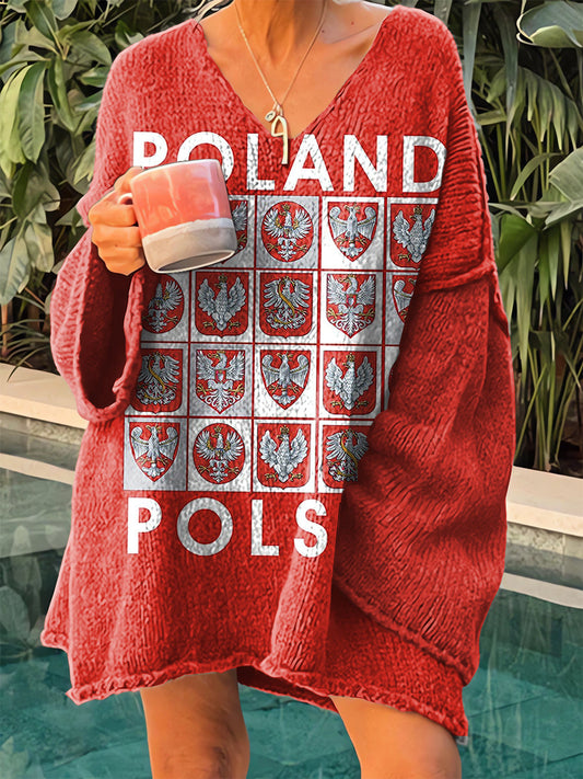 Női véletlenszerű mintás V-nyakú pulóver