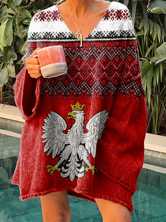 Női vintage nyomtatott V-nyakú pulóver