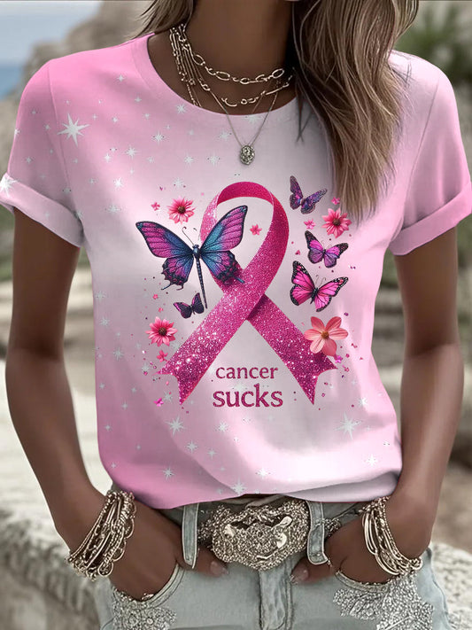 Női mellrák szalag butterfly sequin nyomtatás alkalmi póló