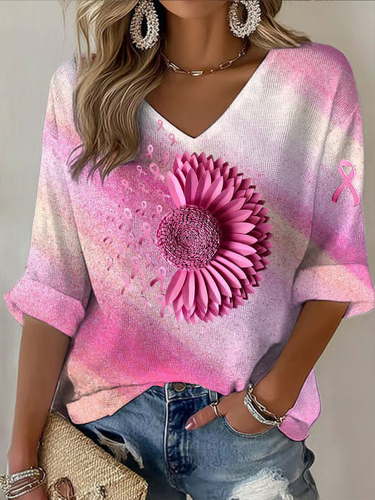 Női rózsaszín szalag nyomtatás alkalmi hosszú ujjú póló