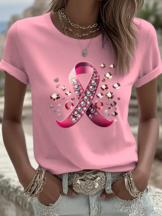 Női mellrák szalag strasszos nyomtatás alkalmi póló