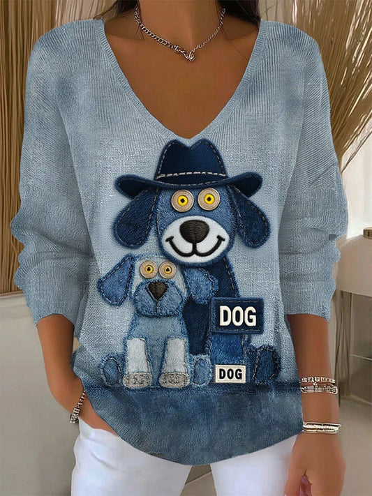 Női retro állat nyomtatás alkalmi hosszú ujjú top