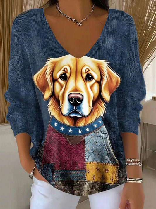 Női retro állat nyomtatás alkalmi hosszú ujjú top