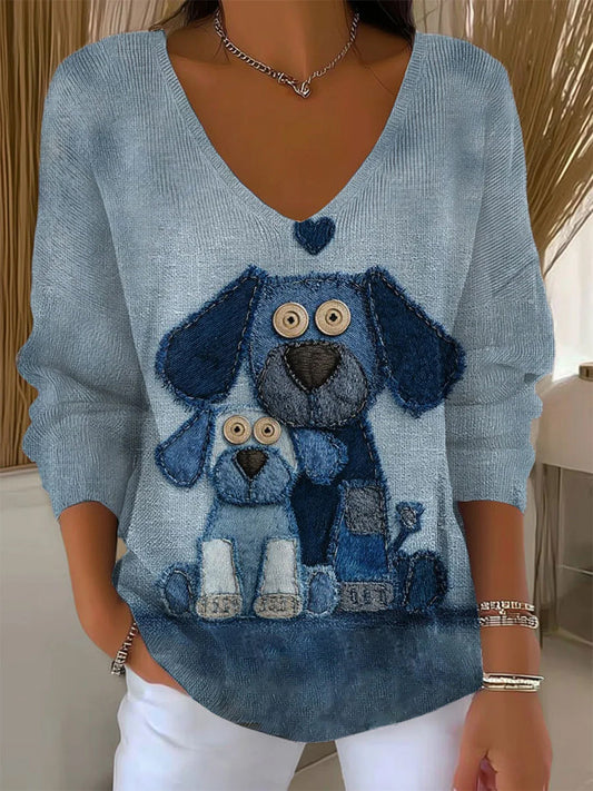 Női retro állat nyomtatás alkalmi hosszú ujjú top