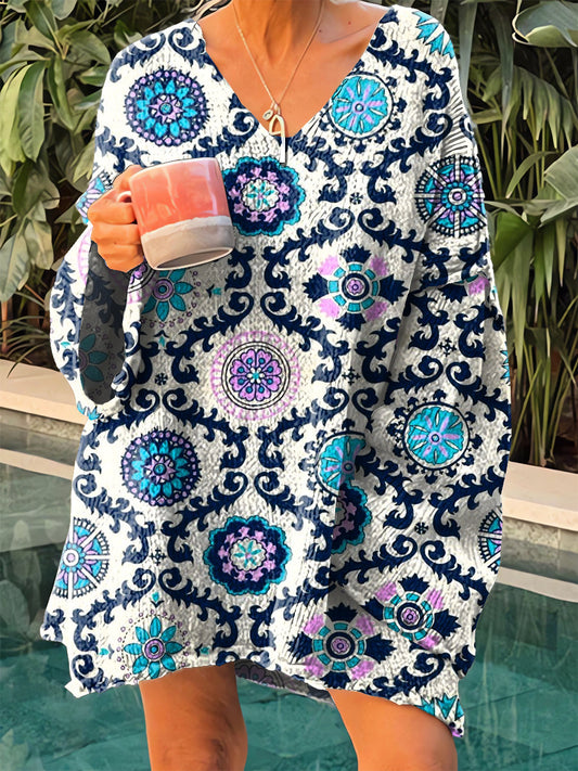 Női vintage etnikai geometriai nyomtatás v-nyak pulóver