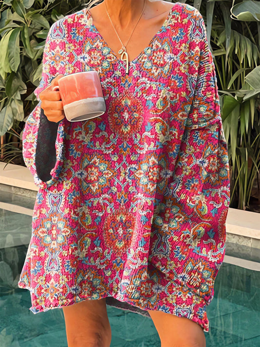 Női vintage etnikai geometriai virágművészet nyomtatás v-nyak pulóver