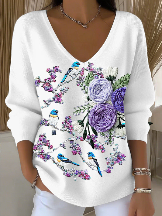 Női vintage madár és virágos v-nyak felső