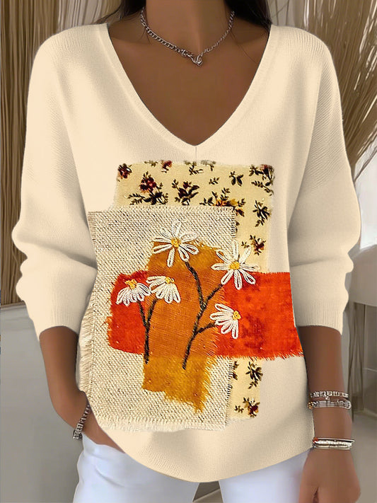 Női vintage virágos patchwork v-nyak felső