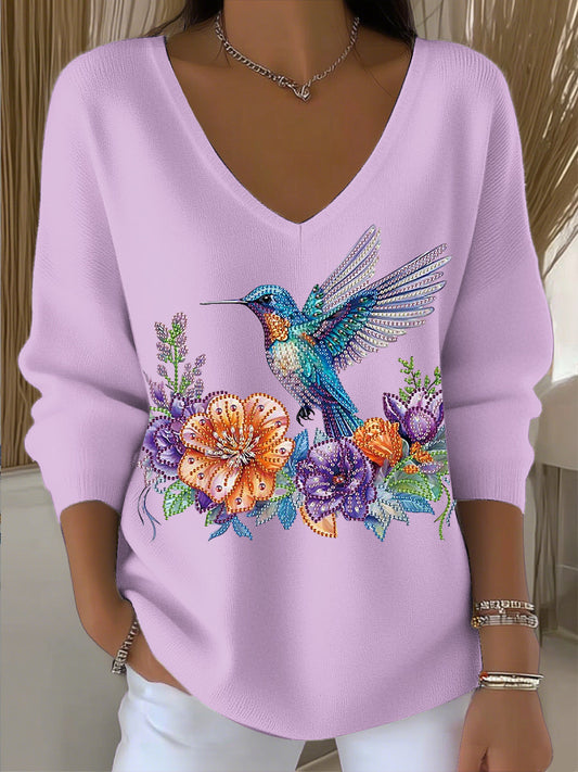 Női vintage kolibri virágú strasszos v-nyak felső