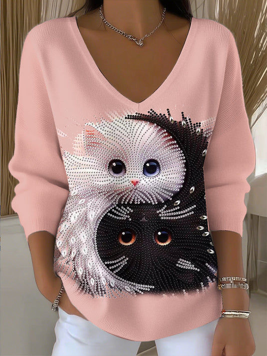 Női vintage stílusú aranyos macska v-nyak felső