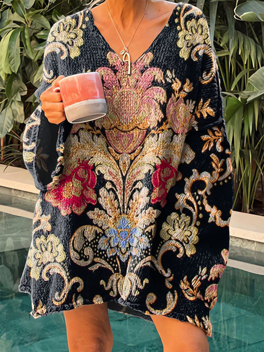 Női vintage etnikai virágos művészet v-nyak pulóver