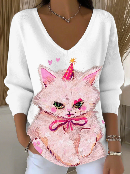 Női imádnivaló macska-print v-nyak felső