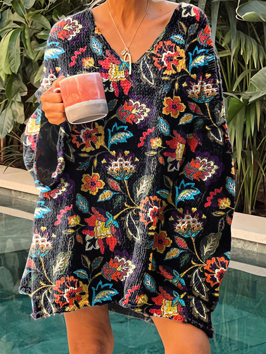 Női vintage népi virágos művészet v-nyak pulóver