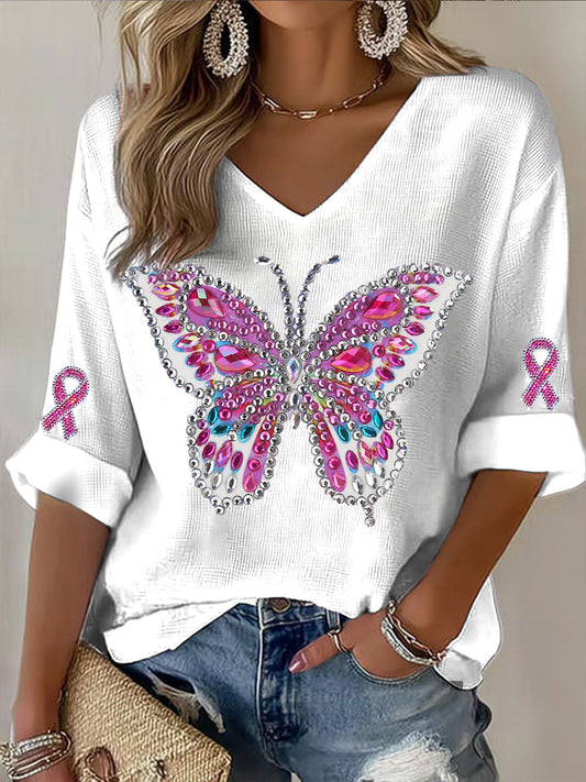 Női pillangó rhinestone v-nyak felső