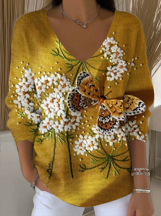 Női vintage pillangó virágos art v-nyak felső