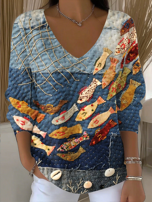 Női vintage hal patchwork art v-nyak felső