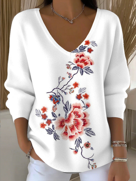 Női vintage virágos art v-nyak felső