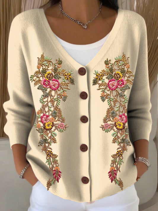 Női romantikus virágos v-nyak kötött kardigán