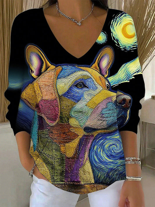 Női retro állat nyomtatás alkalmi hosszú ujjú top