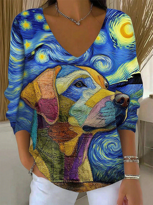 Női retro állat nyomtatás alkalmi hosszú ujjú top