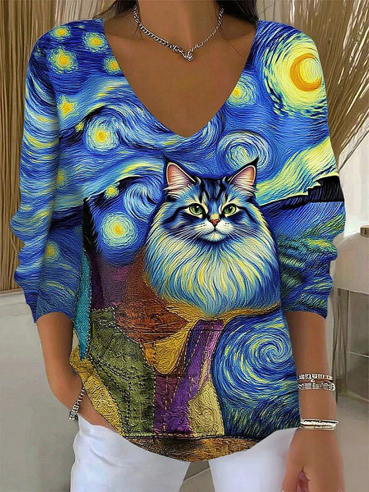 Női retro állat nyomtatás alkalmi hosszú ujjú top