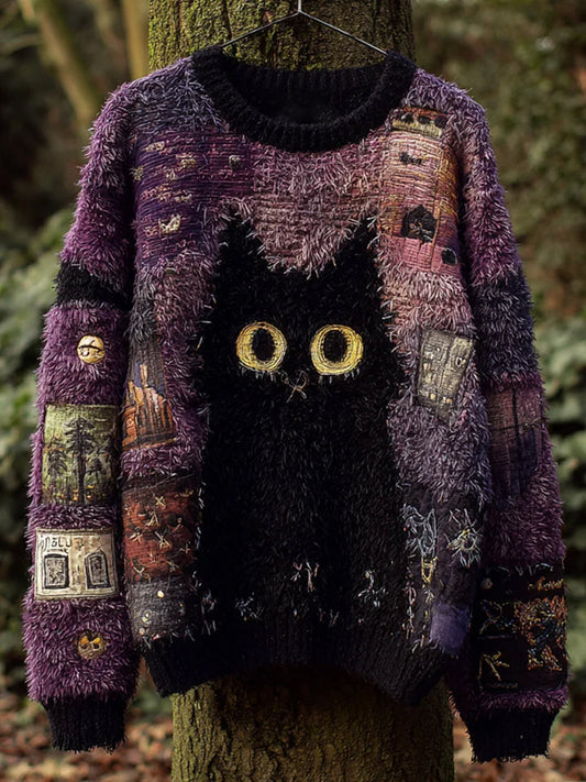 Női retro fekete macska nyomtatás alkalmi pulóver