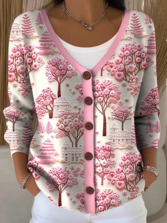 Női “viselet rózsaszín októberben” v-nyak kötött kardigán