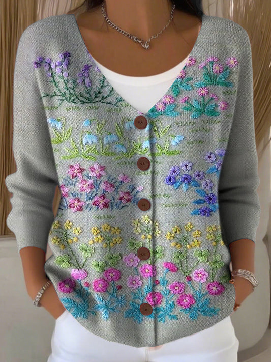 Női vintage virágos v-nyak kötött kardigán