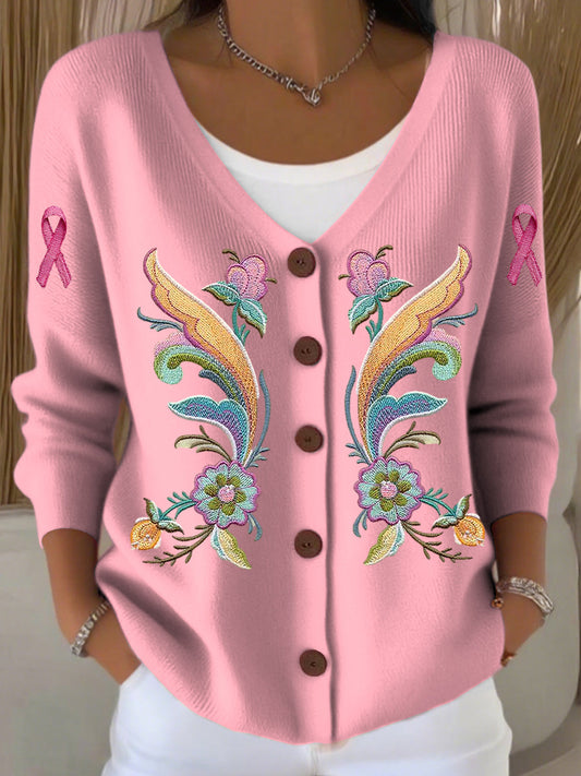 Női vintage szimmetrikus virágos v-nyak kötött kardigán