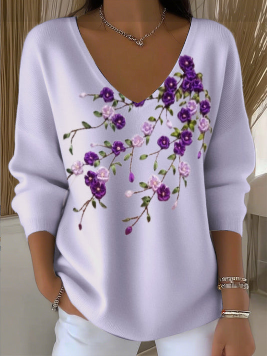 Női világos lila virágos hímzés v-nyak pulóver