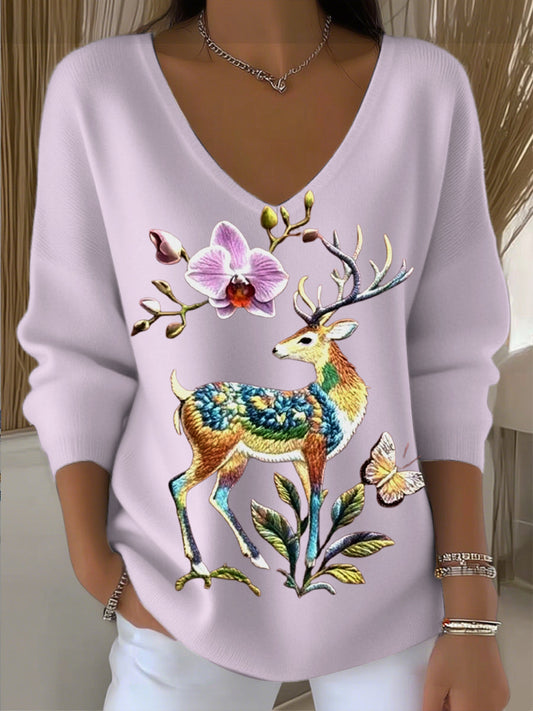 Női v-nyakú pulóver, pettyes szarvassal hímzett