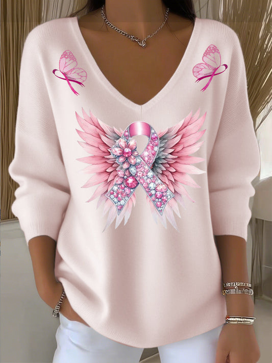 Női rózsaszín mellrák v-nyak pulóver
