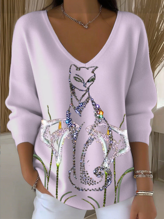 Női gyémánt macska hímzett v-nyak pulóver