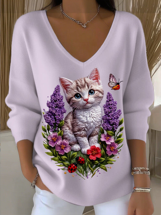 Női kis macska hímzett v-nyak pulóver