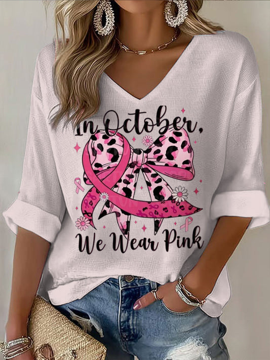 Nők leopárd pillangó mellrák téma alkalmi v-nyak rövid póló