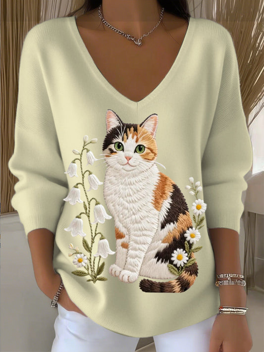 Női aranyos macska hímzett v-nyak pulóver