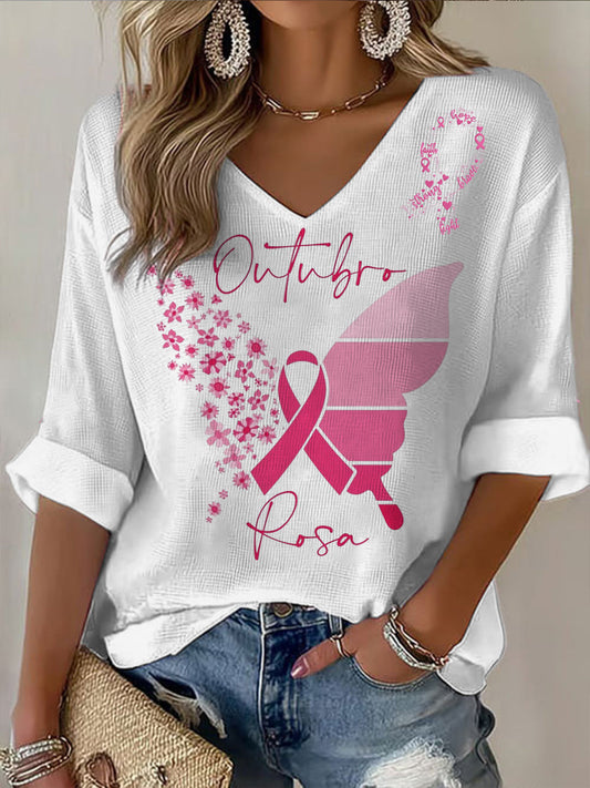 Nők pillangó mellrák téma alkalmi v-nyak rövid póló