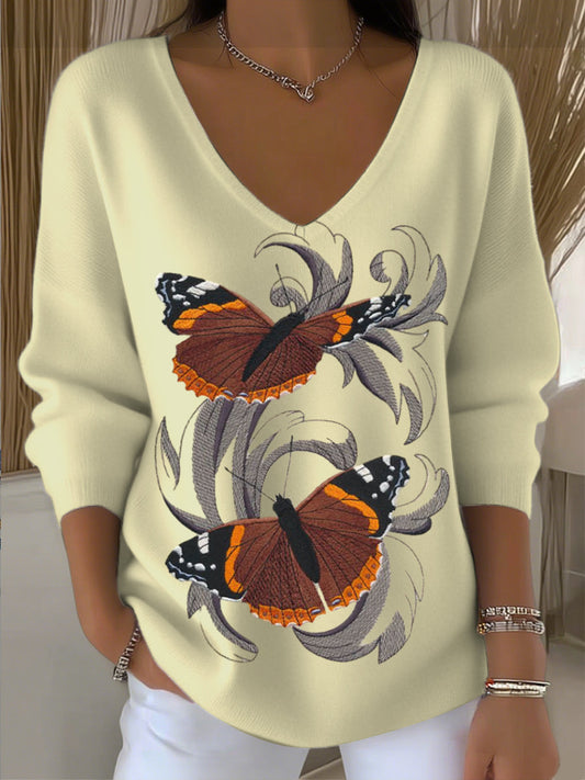 Női sárga pillangó hímzett v-nyak pulóver