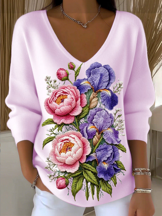 Női rózsaszín virágos hímzés v-nyak pulóver